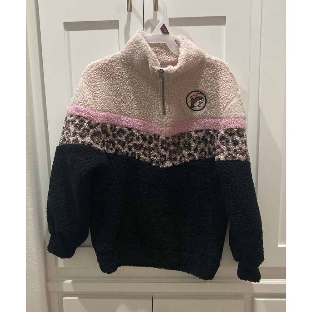 Buc-ees Youth Small Pink Sherpa Fleece Animal Print 1/4 Zip Pullover Sweater